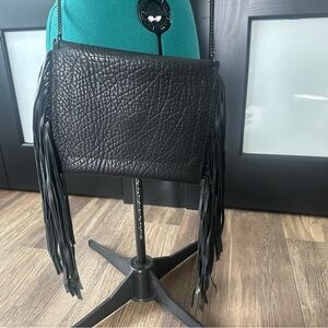 NWOT black leather fringe handbag with chain strap